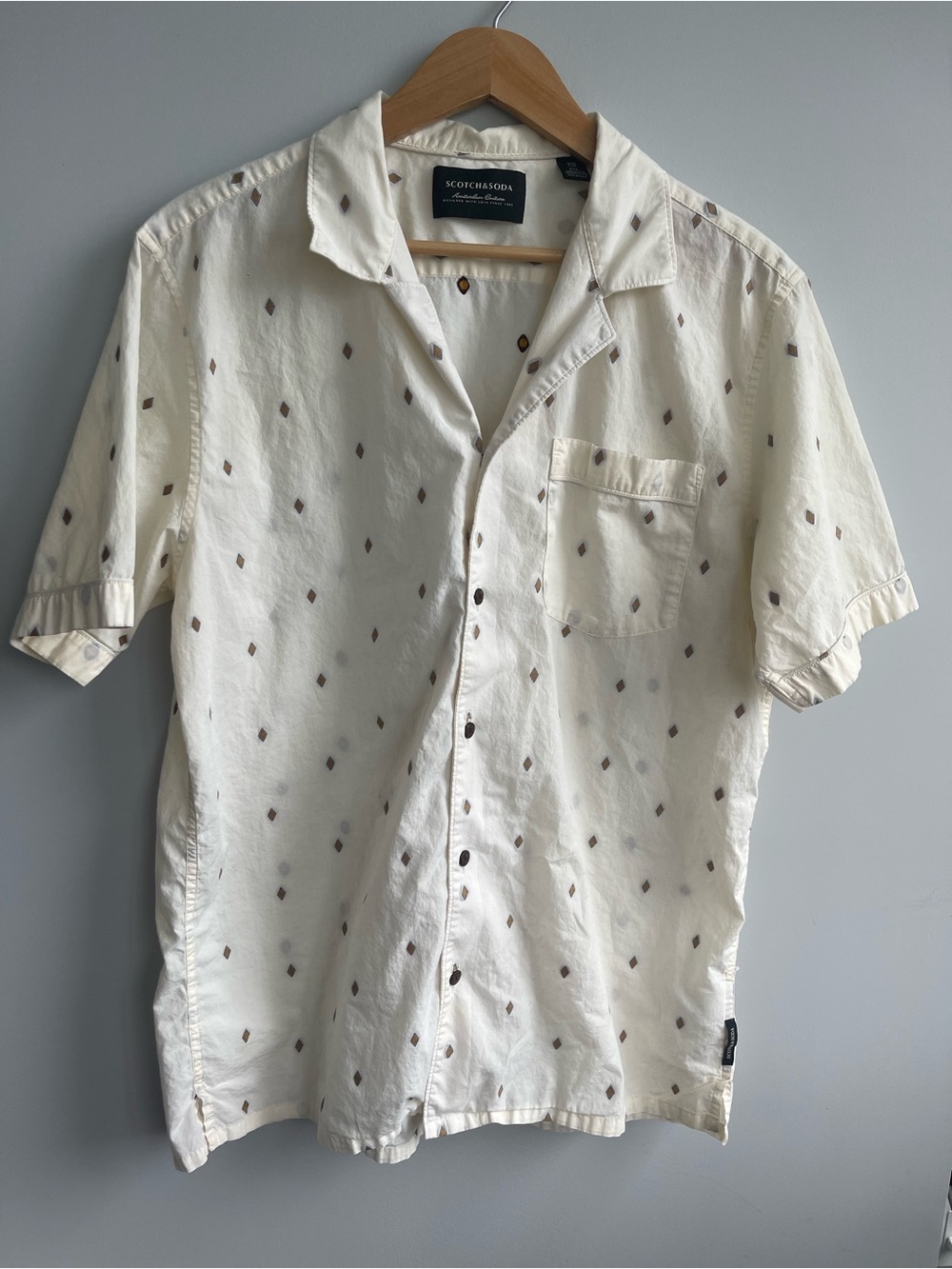Scotch & Soda Cream Short-Sleeve Shirt with Brown Diamond Print